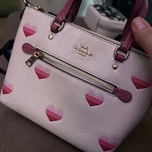 Coach Cream Satchel with Pink Heart Print and Maroon Handles